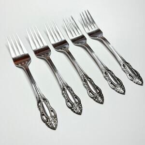 Vintage United Silver Co Artistic Rose Salad Fork 6-3/8" Stainless 5pcs Pierced